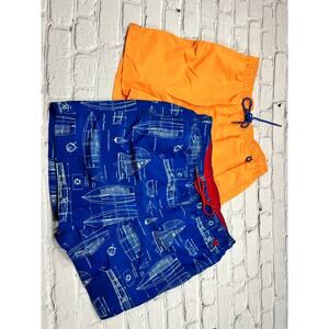 🔥SALE TWO PAIRS Lands End Mens 6” Swim Trunks Blue Orange size M Sailboat A373